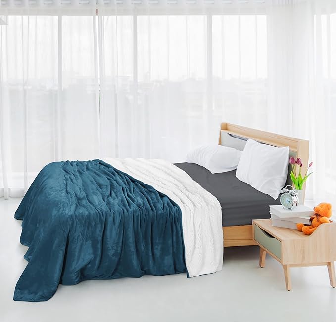 Utopia Bedding Sherpa Blanket King Size (Stone Blue, 90x102 Inches) - Soft Plush Fleece Reversible Blanket for Bed, Sofa, Couch, Camping and Travel