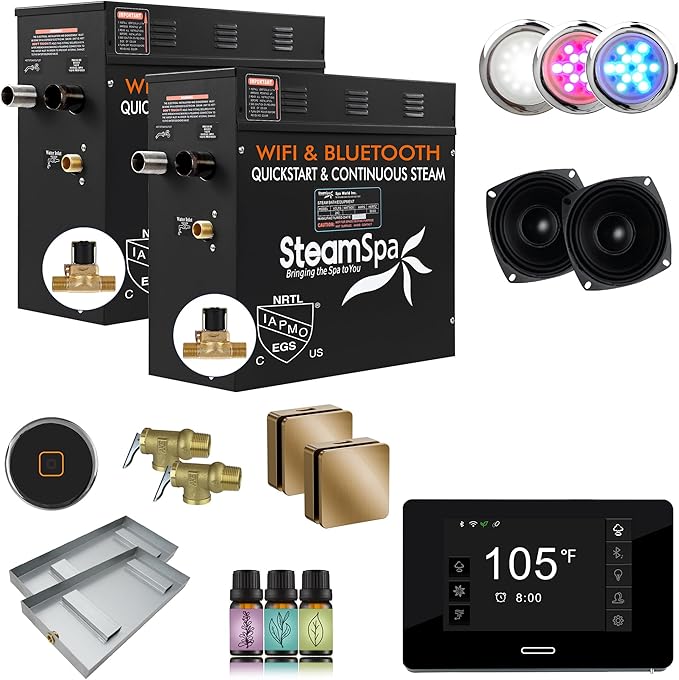 SteamSpa Steam System 15kW Steam Shower Generator with Bluetooth Wifi, Quickstart Continous Steam, Advanced Touch Pad Screen, Chroma Lights, Drain Pan and Auto Drain Gold RVBS1500GD-A