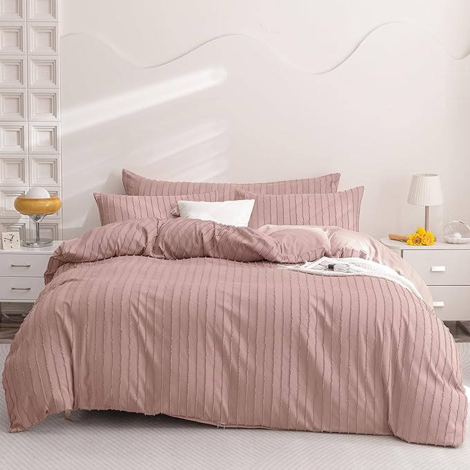 JELLYMONI Duvet Cover Twin Size Smokey Pink - 3PCS Boho Striped Duvet Cover Set Polyester Tufted Bohemian Textured Comforter Cover 68×90in with Corner Ties & Zipper and 2 Pillowcases