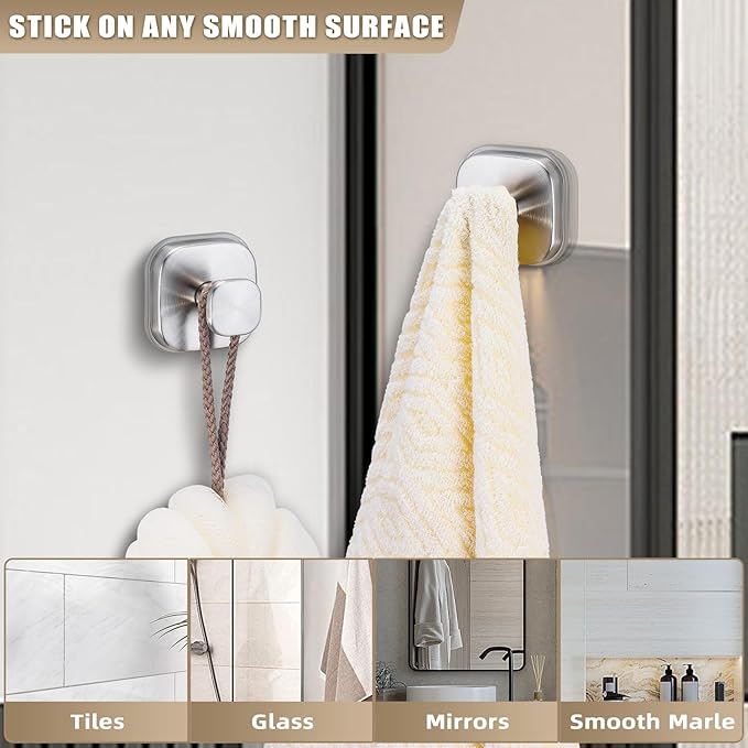 Suction Cup Hooks for Shower - Resuable Bathroom Hooks for Towels, Robes & Loofah - No-Drill Mounting on Kitchen,Walls,Metal,Glass,Mirrors,Tile & Smooth Non-Porous Surfaces (4, Brushed Nickel)