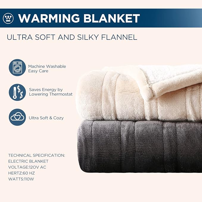 Westinghouse Electric Blanket Queen, Heated Blanket Queen Size with 10 Heating Levels and 1 to 12 Hours Heating Time Settings, Flannel to Sherpa Reversible, Machine Washable (84" x 90", Charcoal)