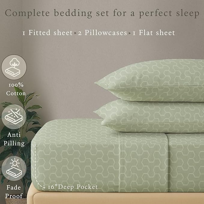 Threadmill 500 Thread Count Queen Size 4 Pc Luxury Cotton Bedding Set, Jacquard Floria Sage Green, Silky Smooth Sheets with 16" Elasticized Deep Pocket, 2 Pillowcases & Free Tote Bag