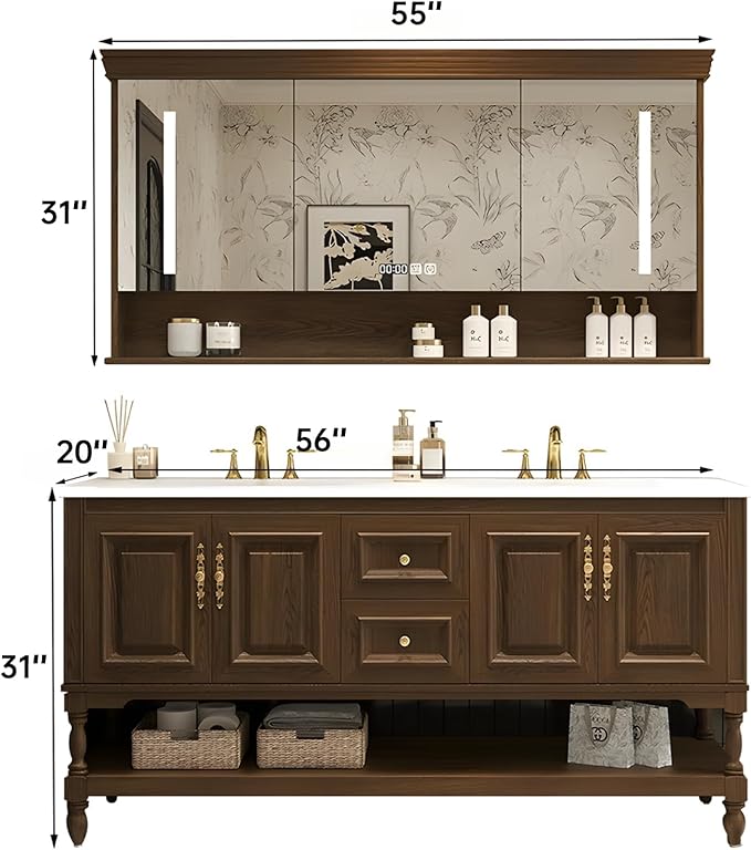56" Double Bathroom Vanity with Sink,Freestanding Bathroom Vanity Large Storage Cabinet & Open Mirror Cabinet,4 Soft Closing Doors and 2 Drawers Solid Wood Luxury Bathroom Vanities Set,Brown