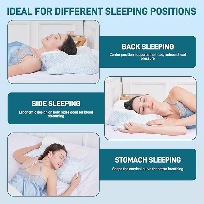 Cervical Neck Pillow for Sleeping, Dual Height Memory Foam Pillow for Neck Pain Relief, Ergonomic Contour Pillow for Side, Back & Stomach Sleepers – Cooling Washable Cover (Blue White)
