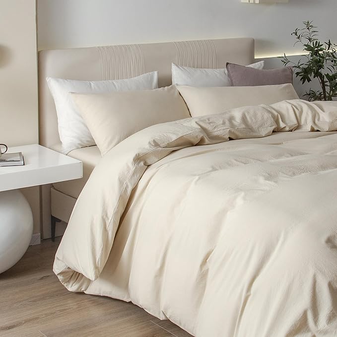 JIYUAN 100% Washed Cotton Duvet Cover Set 3 Pieces Super King, 1 Duvet Cover 108x98 Inches(Comforter Not Included) and 2 Pillowcases,Linen Feel Bedding Set Comfy and Breathable,Heathered Beige