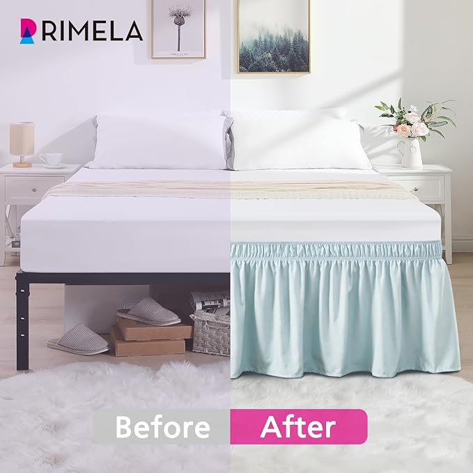 RIMELA Grayish Blue Bed Skirt King Size 15 Inch Drop, Wrap Around Elastic Bedskirt, Dust Ruffle for Adjustable Bed Base Machine Washable Easy to Install Bed Skirts