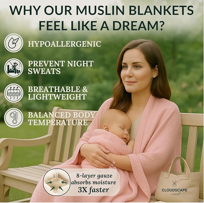 Cloud Scape Linen Extra Large 8 Layer Muslin Throw Blanket - 100% Cotton Gauze, Soft and Breathable, Winter Blanket for Couch, Sofa and Bed, Idea, 50x70, Seashell Pink