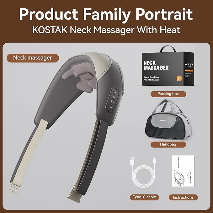 Shiatsu Neck and Shoulder Massager with Heat for Pain Relief Deep Tissue, Portable Massagers for Neck and Back, Gifts for Men and Woman (Grey with Leather Handbag)