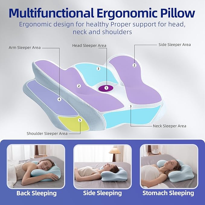 Cervical Neck Pillow for Sleeping, Dual-Height Contour Pillow for Neck Pain Relief, Butterfly Ergonomic Memory Foam Neck Support Pillow with Cooling Breathable Cover for Side Sleepersr, Queen Blue