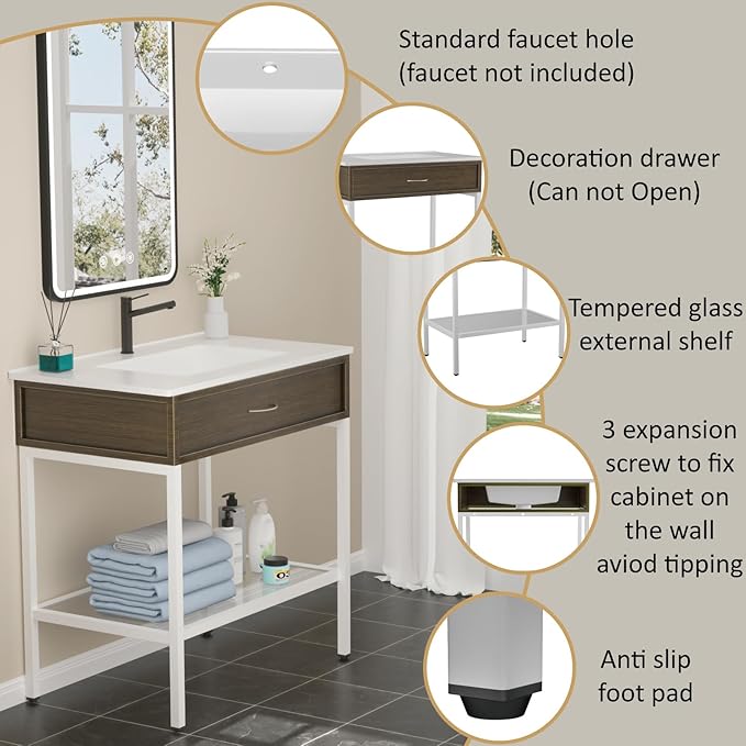 30 Inches Bathroom Vanity with Resin Sink, Single Sink Modern Cabinet Set, Stainless Steel Frame with Tempered Glass Open Shelf, Freestanding Bathroom Storage Cabinet Combo, White
