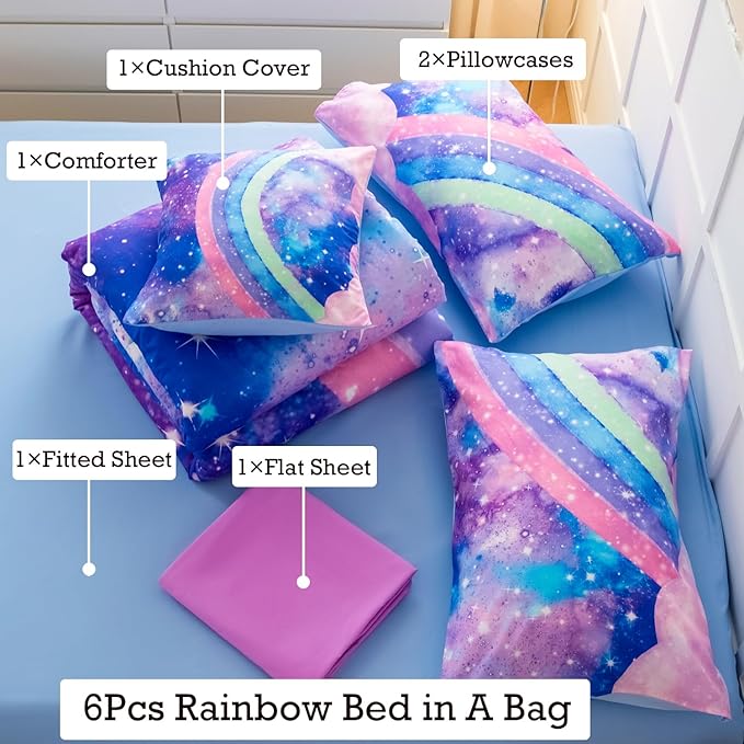ANGIYUIN Tie Dye Blue Twin Size Comforter Sets for Kids Girls 6 Pieces Colorful Rainbow Bed in A Bag Pastel Gradient Galaxy Bedding Sets with Sheets, Comforter and Pillowcases for Teens Kids