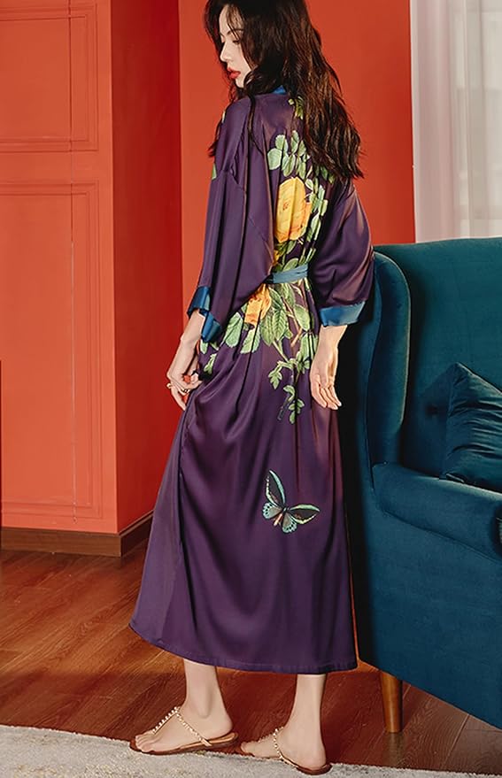 Silk Satin Robe for Women Long Japanese Kimono Robe Lightweight Soft Bathrobe Floral Luxury Dressing Gown
