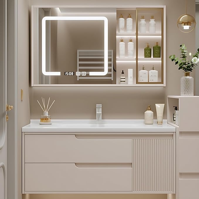 Cream Grey Sophisticated Bathroom Vanity - Bathroom Vanity with Smart Storage & Mirror Cabinet, Defogging, LED Light | Wall-Mounted Bathroom Storage Cabinet & Bathroom Vanity with Sink (Cream, 36IN)