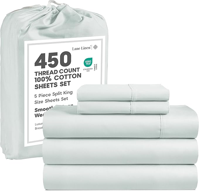 LANE LINEN Split King Sheets for Adjustable Bed 100% Cotton Sheets 450 Thread Count Sateen 5 Pc Split Sheet Set with 2 Twin-XL Fitted Sheets Deep Pocket, Cooling & Breathable - Ballad Blue