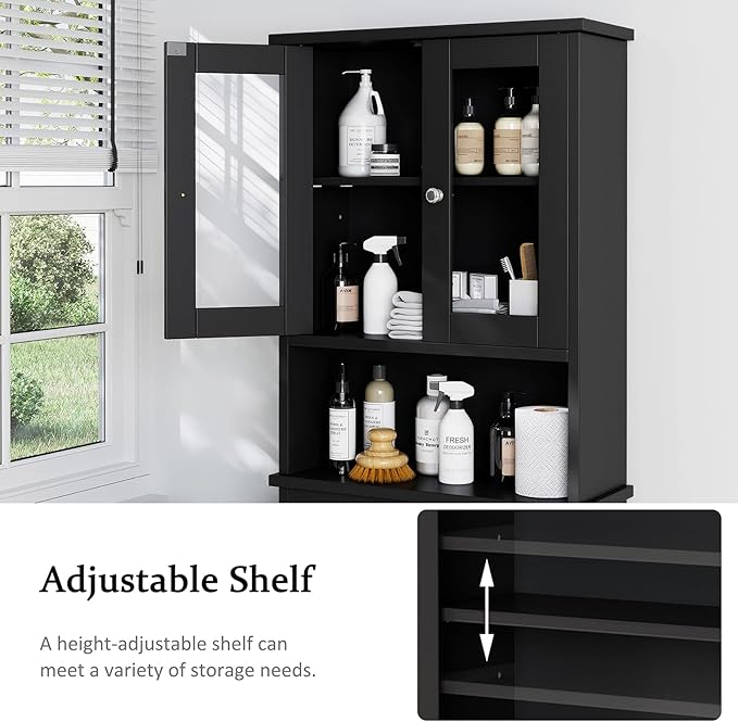 Meilocar Over The Toilet Storage Cabinet, Bathroom Storage Organizer Over Toilet with Glass Doors, Over Toilet Cabinet for Bathroom Freestanding Space Saver, Black