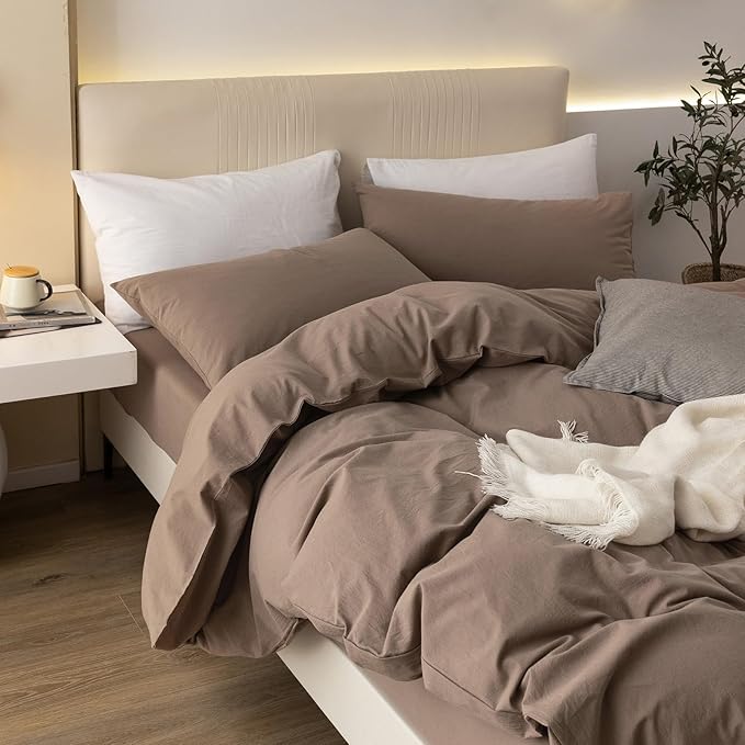 JIYUAN 100% Washed Cotton Duvet Cover Set 3 Pieces Super King, 1 Duvet Cover 108x98 Inches(Comforter Not Included) and 2 Pillowcases,Linen Feel Bedding Set Comfy and Breathable,Light Brown
