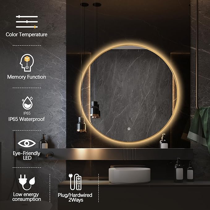 Niccy 28" LED Backlit Round Mirror for Bathroom, Gold Framed Vanity Light Wall Mirror LED Smart Circle Mirrors with 3 Lighting Colors, Dimmable Lighted Mirror with Anti-Fog, IP65 Waterproof