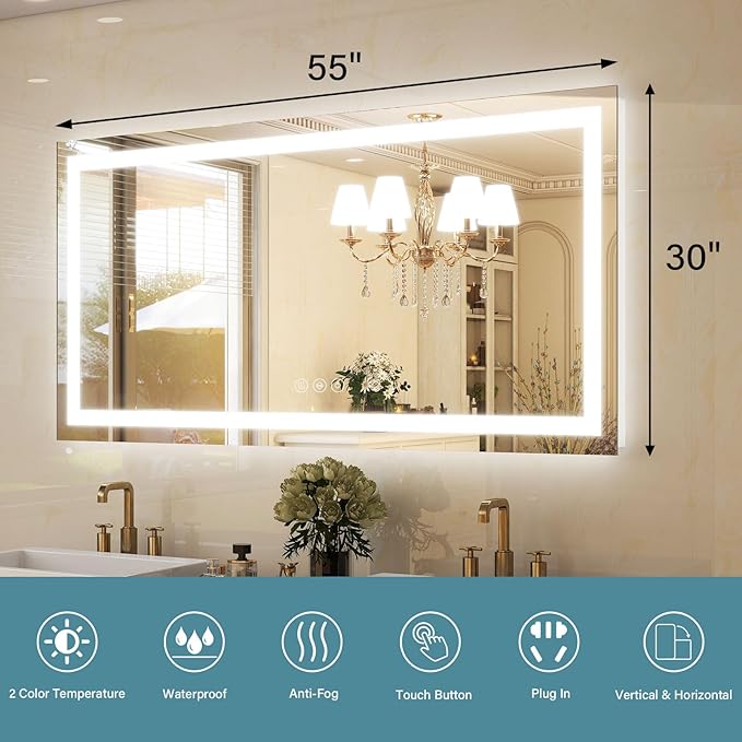 GLSLAND LED Bathroom Mirror - 55"x30" Anti-Fog Lighted Wall Mirrors with Memory Function, Dimmable, Frontlit & Backlit, Horizontally/Vertically, Tempered Glass