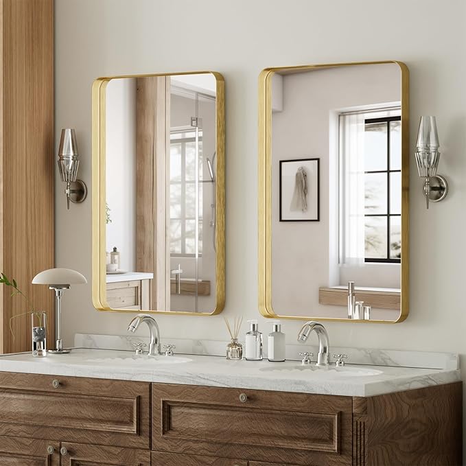 VooBang Bathroom Mirror 24x32 inch, Gold Gorgeous Deep Frame Wall Mirror, Modern Round Corner Bathroom Vanity Mirror for Bedroom, Living Room, Hanging or Leaning Horizontal or Vertical, Gold