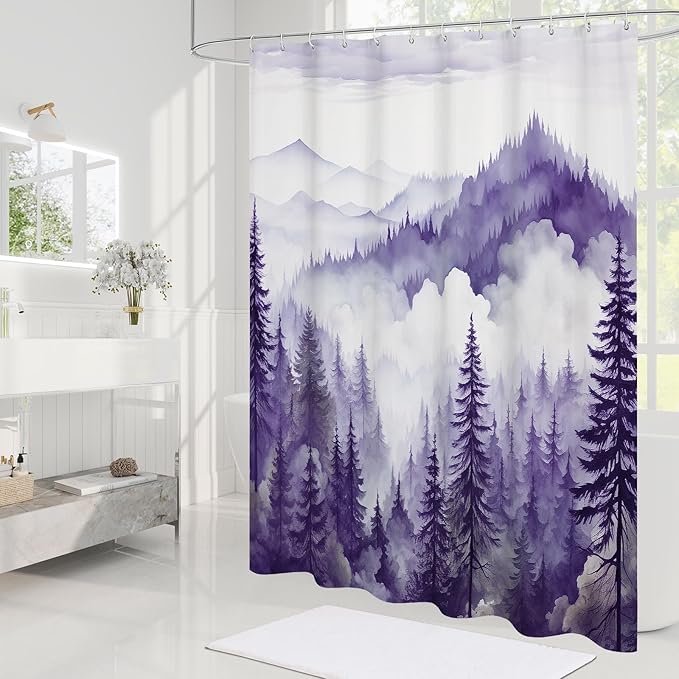 Purple Small Stall Misty Pine Forest Shower Curtain 36 x 72, Mountain Foggy Woodland Scenery Tree Narrow Half Size Shower Curtains for Bathroom, Abstract Waterproof Nature-Themed Decor