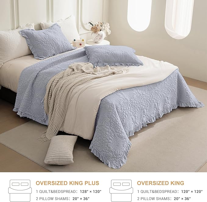 QSH Cornflower Blue Stonewashed Cotton Oversized King Quilt Bedspread Set(128"x120"),3PCs Farmhouse Ruffle Bedspread California King,Ultra Soft Lightweight Crinkle Quilt Coverlet with Pillow Shams