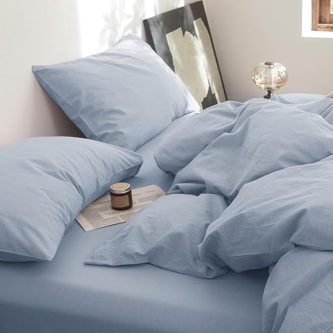 FOSSA Duvet Cover Set 100% Washed Cotton Linen Feel Super Soft Breathable Cozy 3 Pieces Bedding Sets Solid Cornflower Blue Oversized King Plus