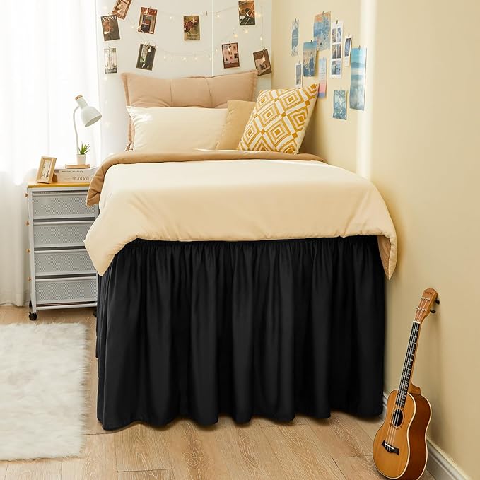 RIMELA Dorm Bed Skirt Twin XL 36 Inch Drop, Easy to Install Extra Long Wrap Around Elastic Dust Ruffle, Black Bedskirt Solid Silky Fabric Machine Washable (Twin XL 80“L x 39”W & Twin 75“L x 39”W)