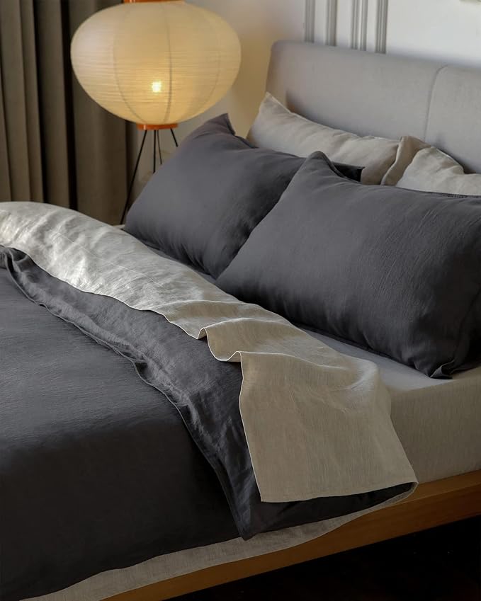 XZ XIFA Dark Grey Linen Duvet Cover Full, 100% Washed French Flax Linen Bedding Set with Zipper Closure, Cooling & Textured Bed Sets for Hot Sleepers(1 Duvet Cover, 2 Pillowcases)