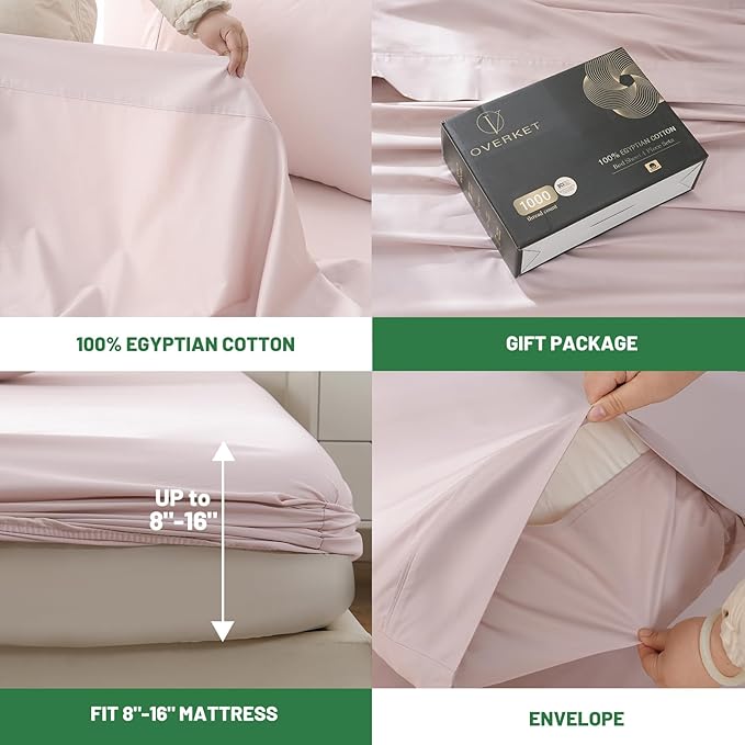 Egyptian Cotton Sheets Full Size 1000 Thread Count Sateen Weave Soft Breathable 16-Inch Deep Pocket 4PCS（Full,Light Pink）