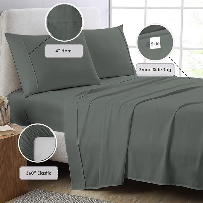 Pizuna Pure 100% Cotton Sheets 6pc Queen Size, 800 Thread Count Long Staple Cotton Crisp Sateen Sheets 6pc Queen with 15inch Deep Pocket (Combed Dark Grey Cotton Sheets 6pc Queen)