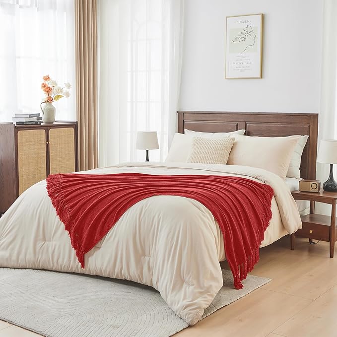 CozeCube Chenille Throw Blanket for Couch, Cozy Plush Fuzzy Decorative Christmas Red Blanket with Fringe Tassels, Lightweight Throws for Bed Sofa Gift Home Decor, 60"X80"