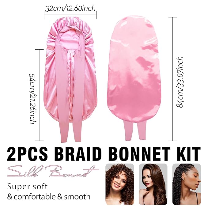 2Pcs Bonnets for Black Women Braid Bonnet, Large Long Satin Bonnet for Braids, Silk Bonnet with Stretchy Tie Band Sleep Cap Hair (2Pcs-Black&Pink)