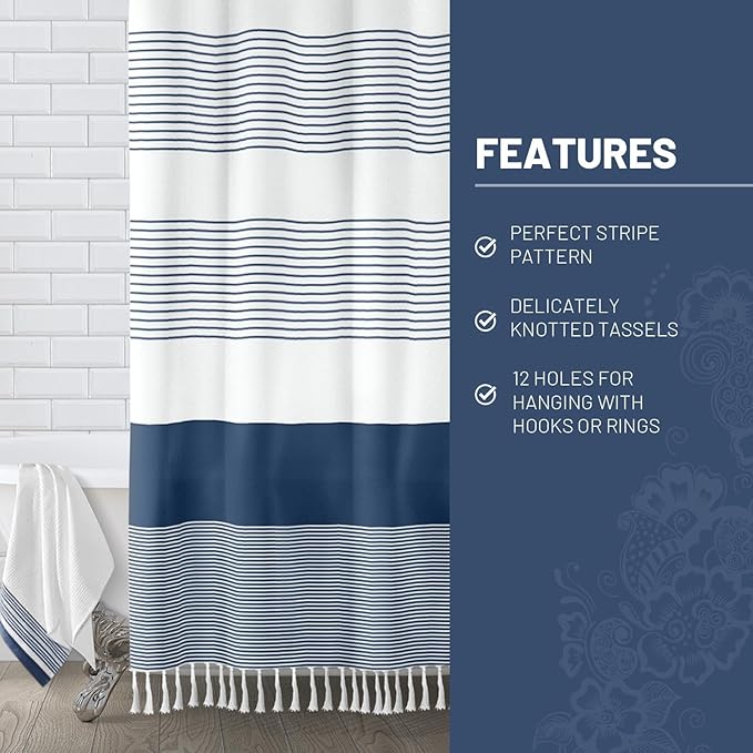 Awellife Navy Blue Shower Curtain for Bathroom Stripe Tassel Shower Curtain 84 X 72 Inches Farmhouse Cotton Wide