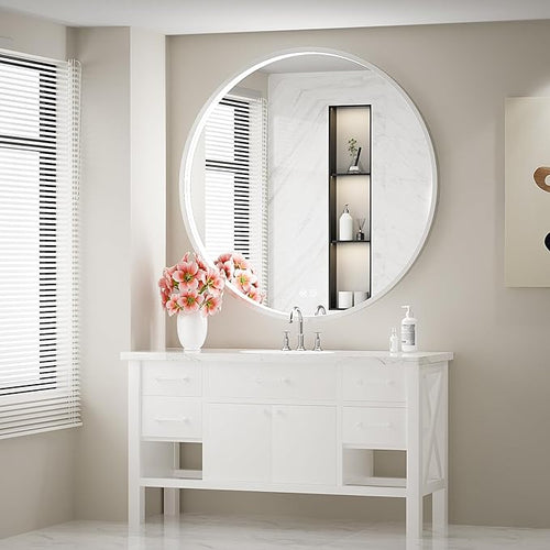 36" Round LED Bathroom Mirror, Dimmable Anti-Fog Vanity Mirror with Touch Control, 6000K Natural Light, Silver Metal Frame, Wall Mounted for Makeup Shaving (IP54, 90+ CRI)