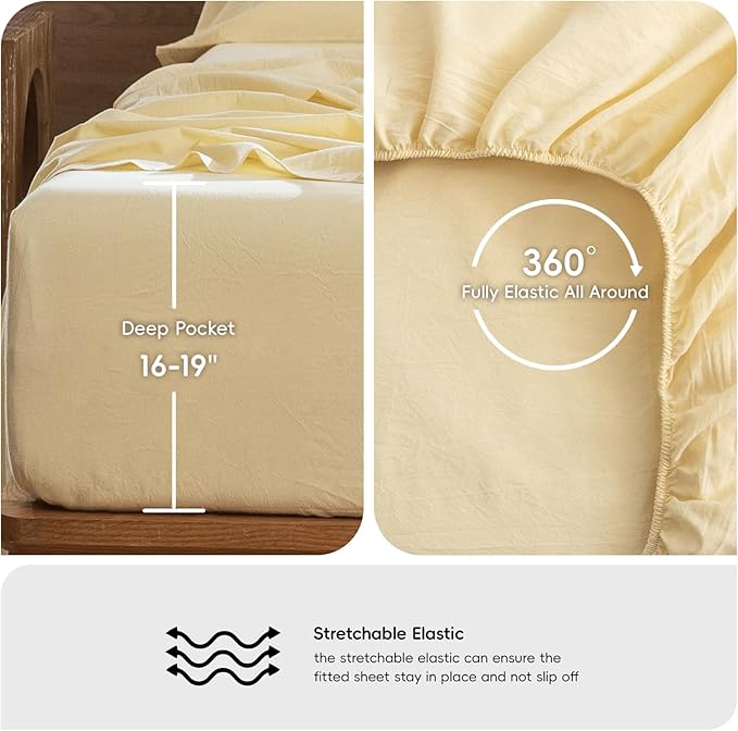 MooMee Bedding Sheet Set 100% Washed Cotton Linen Like Textured Breathable Durable Soft Comfy (Heathered Butter Yellow, King)