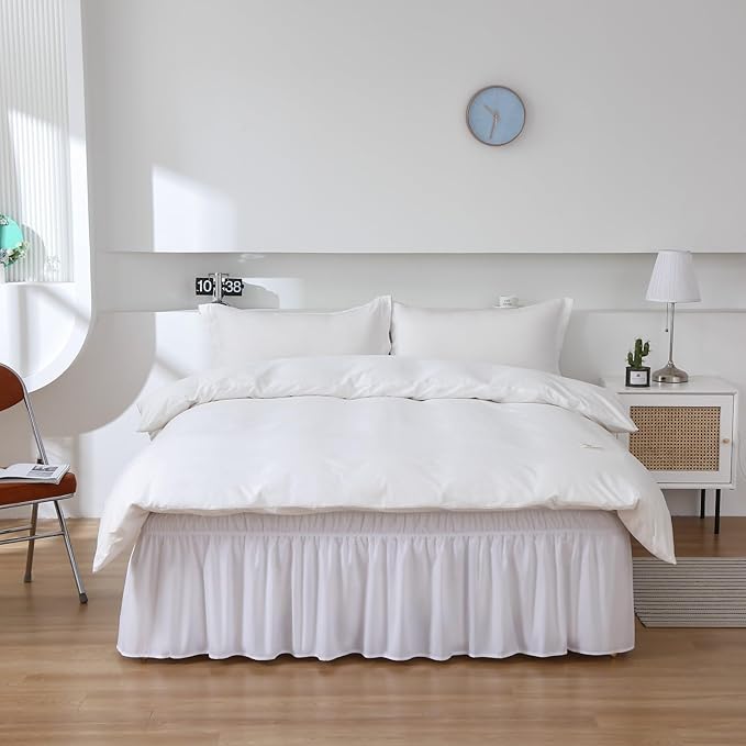 MEILA Wrap Around Bed Skirt Three Fabric Sides Elastic Dust Ruffled 16 Inch Tailored Drop,Easy to Install Fade Resistant-White, Queen/King