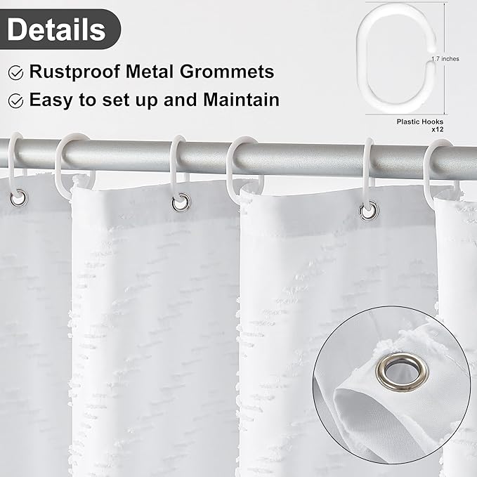 Extra Long White Boho Shower Curtain with Tassel, Woven Fabric 90 in Shower Curtain, Tufted Chevron Striped, 72 x 90, Modern Chic Textured Minimalist Bathroom Shower Curtains