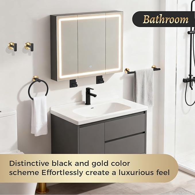 Black Bathroom Accessories Set 7-Pieces Stainless Steel Modern Light Luxury Design, Multi-Scene Use Includes Towel Racks for Bathroom Toilet Paper Holder Gold Towel Racks for Bathroom