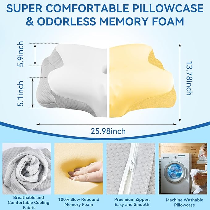 Cervical Neck Pillow for Pain Relief - Ergonomic Cooling Support, Contour Design for Side & Back Sleepers,Grey