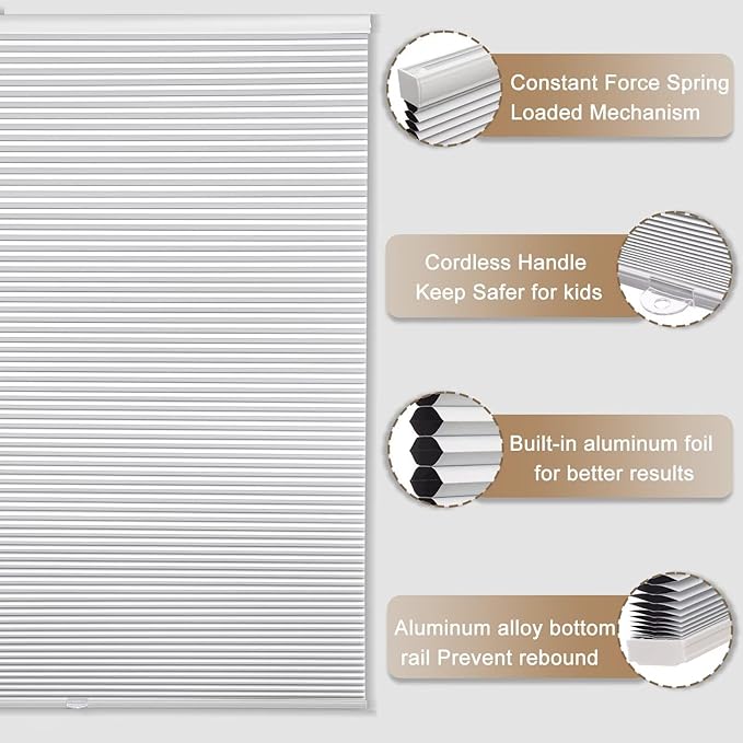 MYshade 1.5-Inch Cellular Cordless Blackout Shades,Thermal Insulating Noise Reducing Waterproof Blinds,Honeycomb Window Treatments for Indoor Light Control (White-24 W x 64" H)