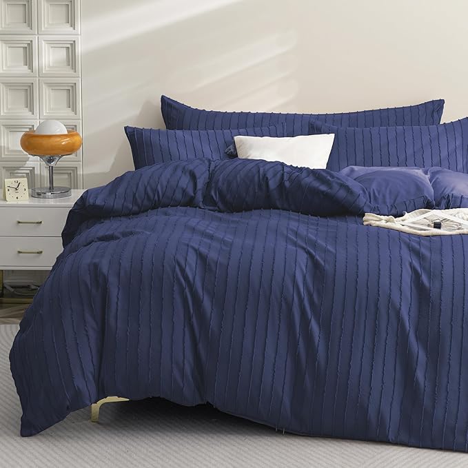 JELLYMONI Duvet Cover King Size Navy Blue - 3PCS Boho Striped Duvet Cover Set Polyester Tufted Bohemian Textured Comforter Cover 104×90in with Corner Ties & Zipper and 2 Pillowcases