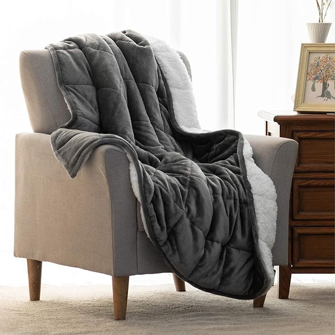 Uttermara Weighted Blanket Queen Size 20lbs 60x80 inches, Cozy Sherpa Weighted Blankets with Soft Plush Fleece, Warm Snuggle Thick Heavy Blanket Great for Sleep Calming, Grey White