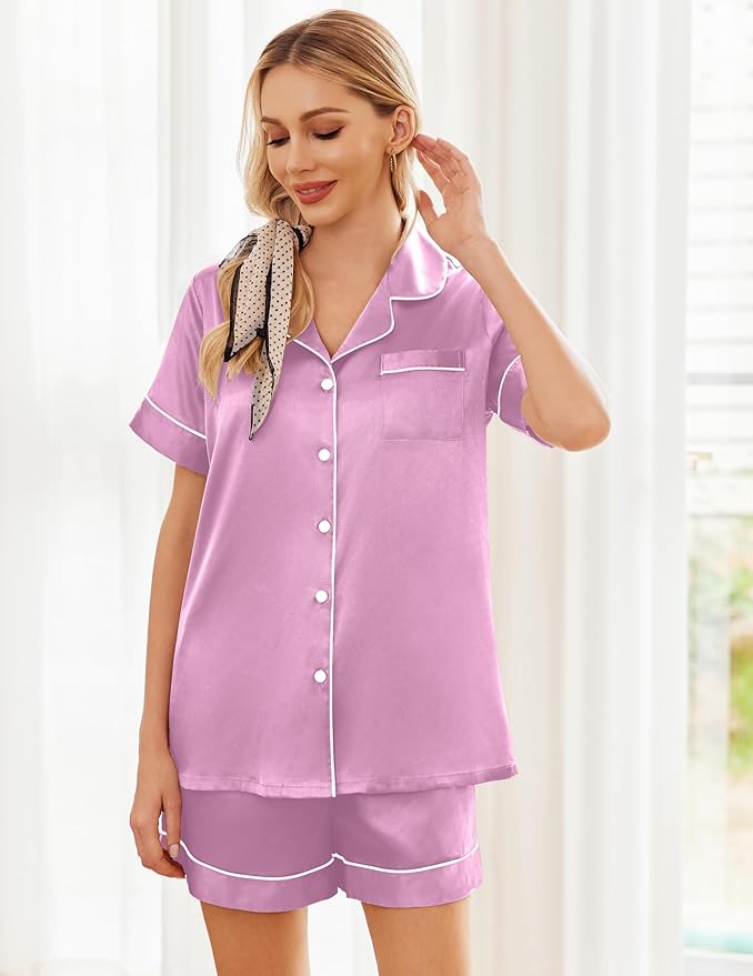 Ekouaer Pajamas for Women Set Silk Satin Pjs Shorts Sleepwear 2 Piece Loungewear S-XXL