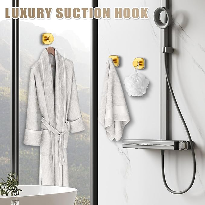 Suction Cup Hooks for Shower - Resuable Bathroom Hooks for Towels, Robes & Loofah - No-Drill Mounting on Kitchen,Walls,Metal,Glass,Mirrors,Tile & Smooth Non-Porous Surfaces (2, Brushed Gold)