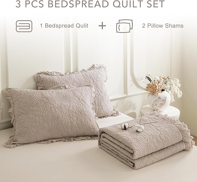 QSH 3PCs Stonewashed Cotton Quilt Queen Size (90"x98"),Linen Feel Ruffled Quilt Set,Ultra Soft Lightweight Crinkled Bedspread Coverlet Queen Shabby Farmhouse Chic Bedspreads Set with Pillow Shams