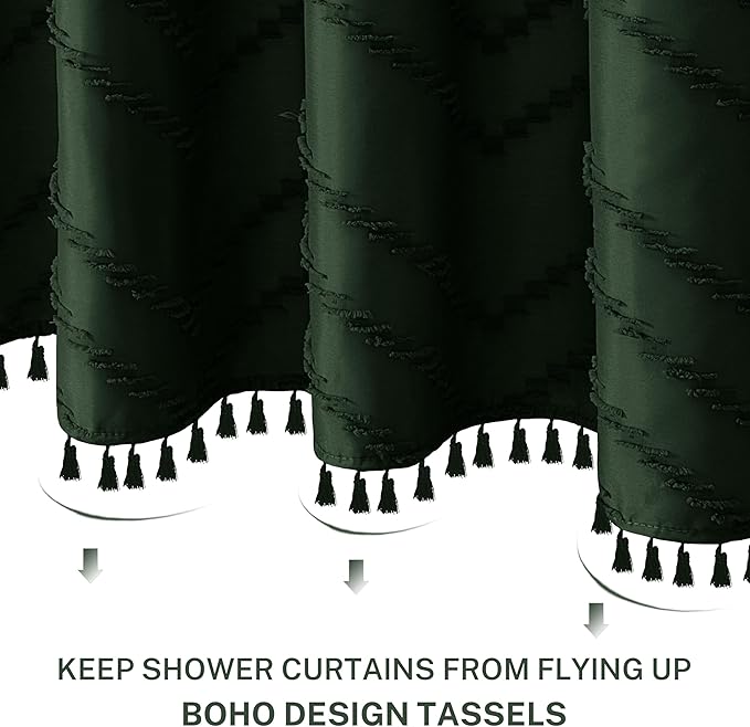 Extra Long Dark Green Boho Shower Curtain with Tassel, Woven Fabric 84 in Shower Curtain, Tufted Chevron Striped, 72 x 84, Modern Chic Textured Minimalist Bathroom Shower