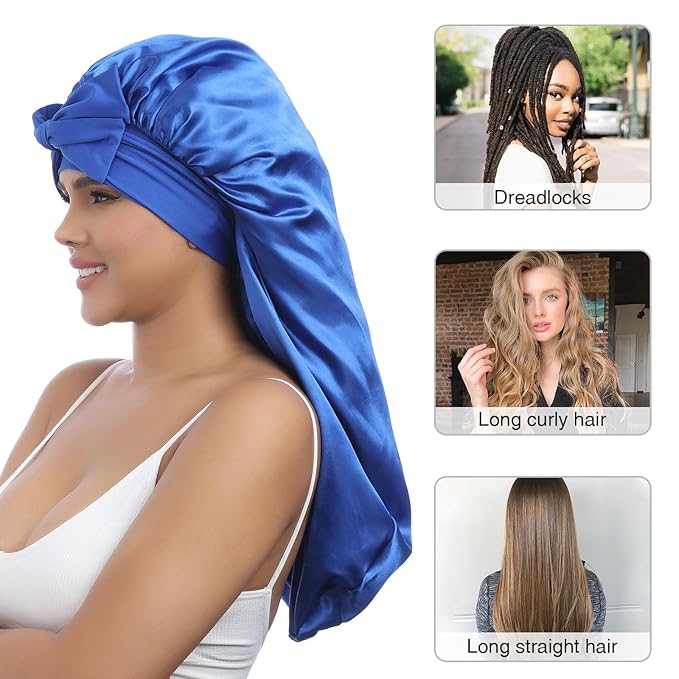 AWAYTR Long Satin Bonnet for Women - Double Layer Elastic Silk Bonnet for Braids Hair Sleeping Cap with Tie Band (Royal Blue)
