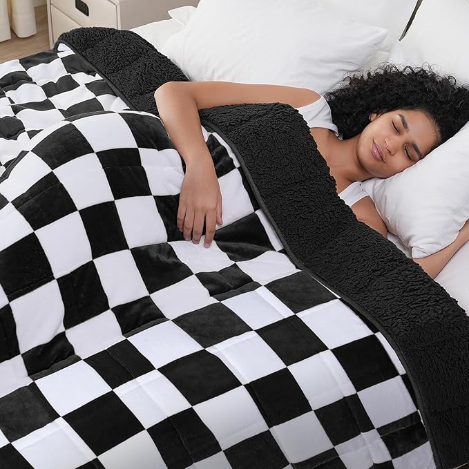 Cottonblue Weighted Blanket for Adults Queen Size 15lbs, Soft Sherpa Flannel Checkered Weighted Blankets, Fluffy Fuzzy Fleece Bed Heavy Blankets for Calming and Relax, Plaid Black, 60" x 80"