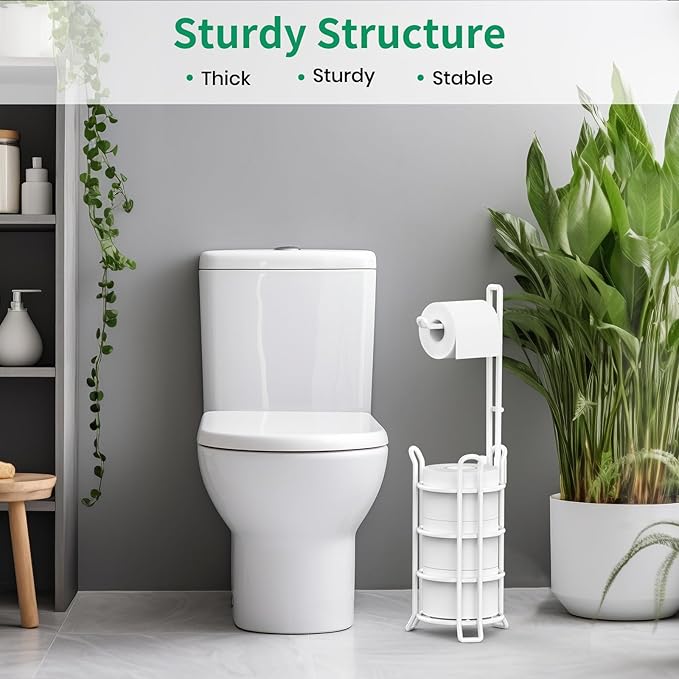 TomCare Toilet Paper Holder Toilet Paper Stand and Dispenser for 4 Mega Rolls Metal Wire Free Standing Toilet Tissue Paper Roll Storage Shelf Bathroom Accessories Storage Organizer White