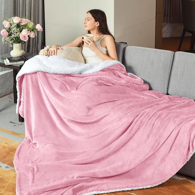 KAWAHOME Sherpa Fleece Queen Size Blanket for Bed - Extra Warm and Heavy Thick Blankets for Winter, Super Soft 500GSM Plush Blanket, 90"X 90" Pink